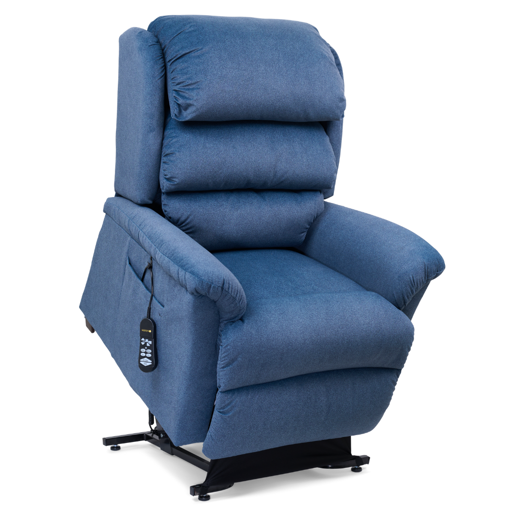 The Golden Tech PR766 Relaxer MaxiComfort Recliner with Lift Assist in blue features plush cushions and armrests. It includes an attached Programmable AutoDrive Hand Control for adjustable settings, and its elevated position helps assist those in standing up.